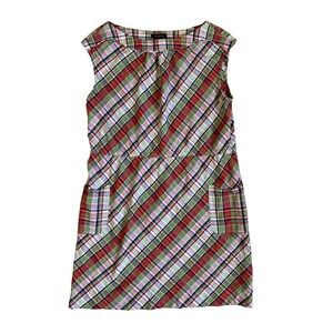 Lands End Womens Plaid 100% Cotton Shift Dress Red Green Pink Size 14 Pockets